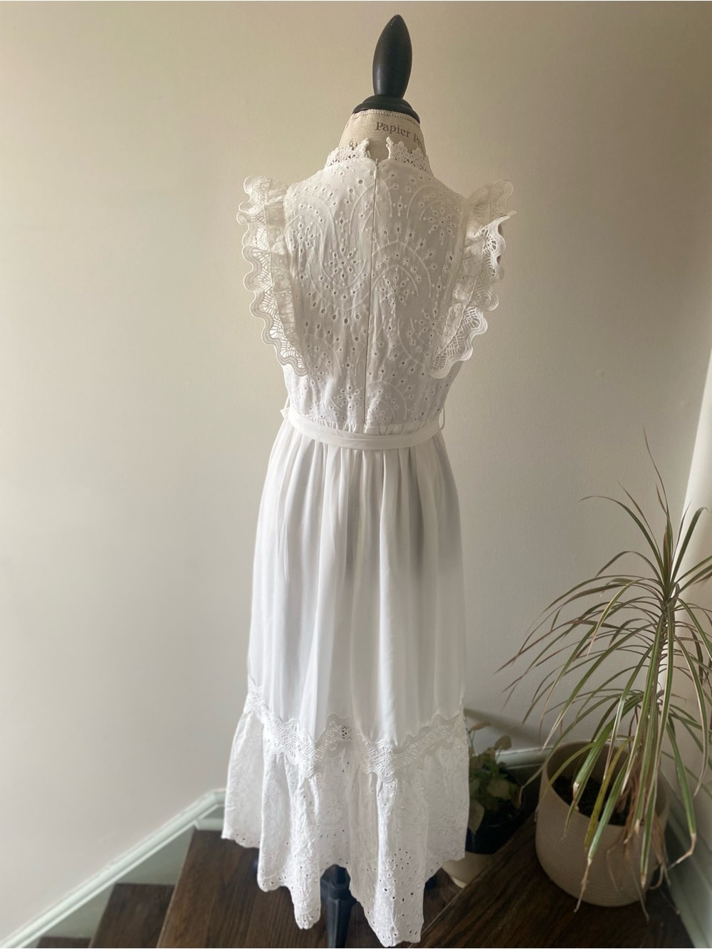 Vintage inspired Cottagecore White Eyelet / Lace Maxi Dress with Ruffle Sleeves - Picture 6 of 7
